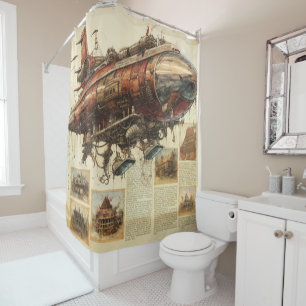 Industrial Fantasy Copper Zeppelin City Blueprint Shower Curtain