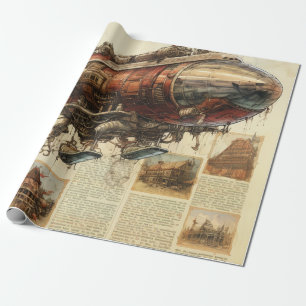 Industrial Fantasy Copper Zeppelin City Blueprint Wrapping Paper