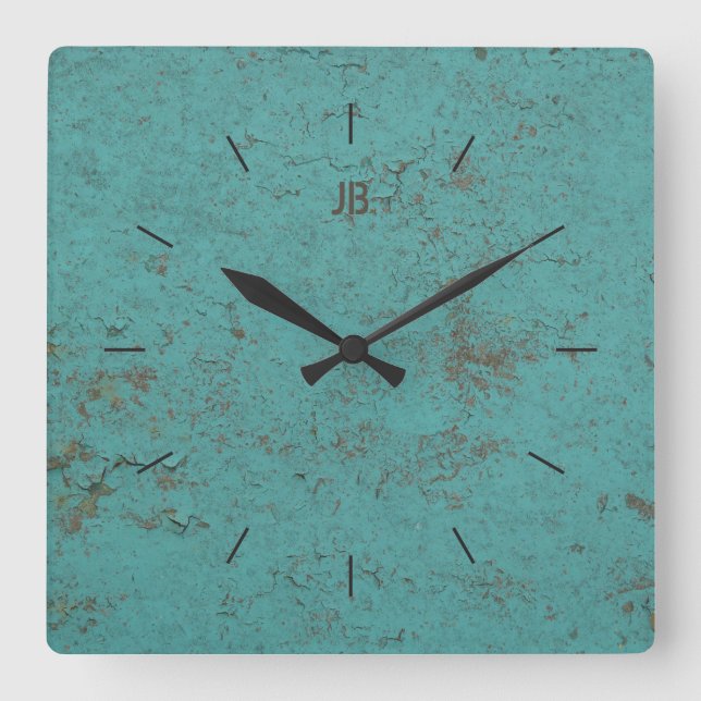 INDUSTRIAL | Flaky blue paint plus lettering Square Wall Clock (Front)