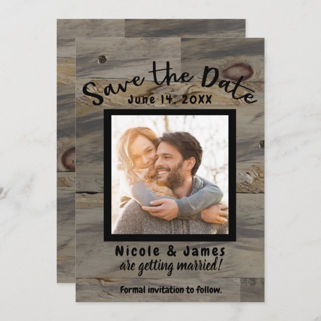 Industrial Grey Brown Wood Rustic Save the Date Invitation (Front/Back)