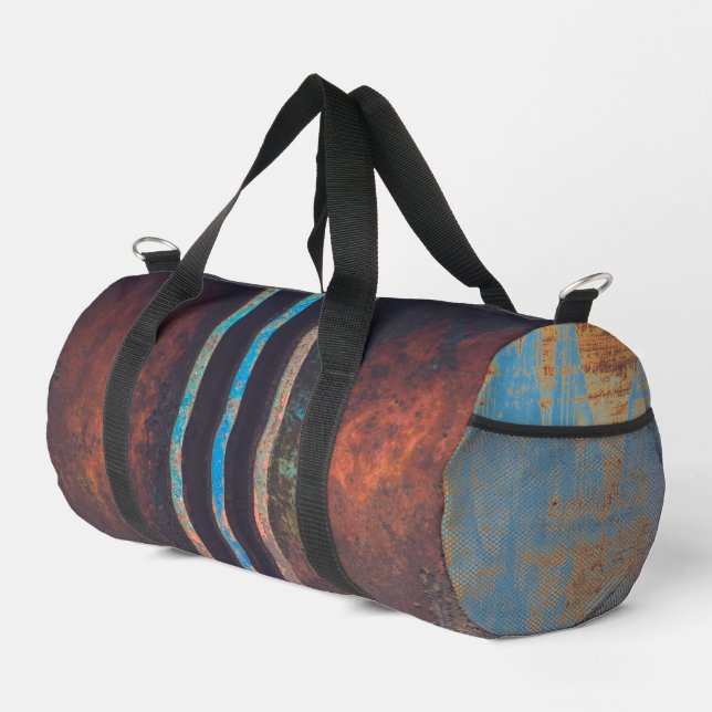 Industrial grunge brown blue rusted duffle bag (Right Corner)
