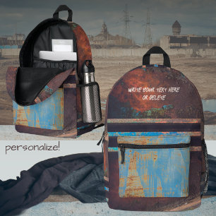Industrial grunge brown blue rusted printed backpack