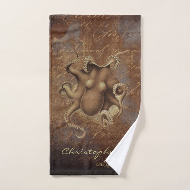 Industrial grunge steampunk octopus brown custom hand towel (Hand Towel)