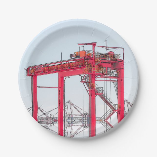 Industrial Harbour Harbour Port Crane Sketch Paper Plate (Front)