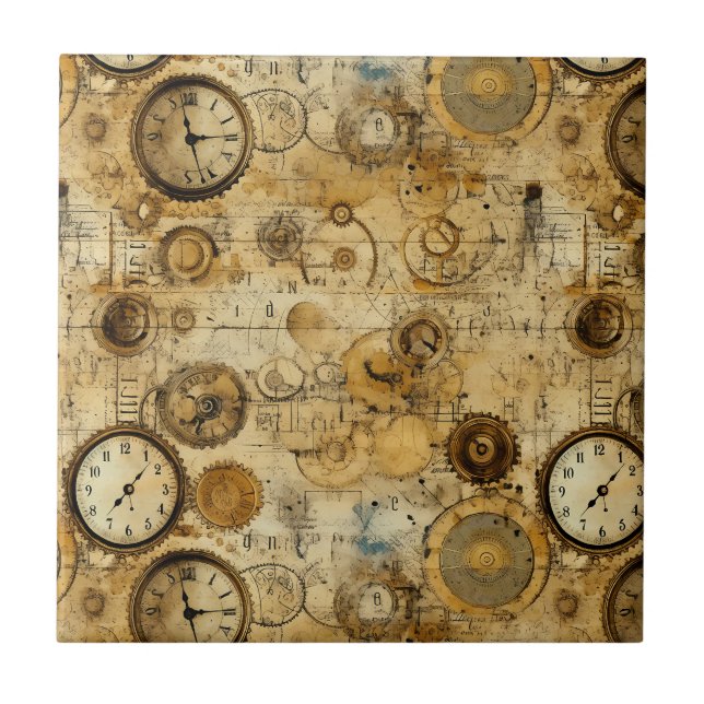 Industrial Steampunk Timepiece Sepia Brass Ceramic Tile (Front)