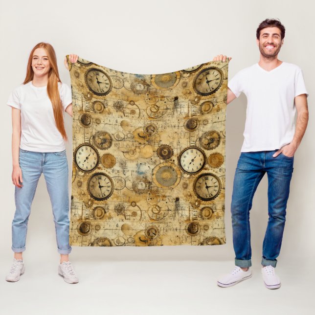 Industrial Steampunk Timepiece Sepia Brass Fleece Blanket (In Situ)