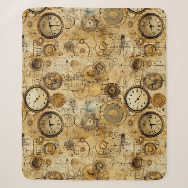 Industrial Steampunk Timepiece Sepia Brass Sherpa Blanket (Front)