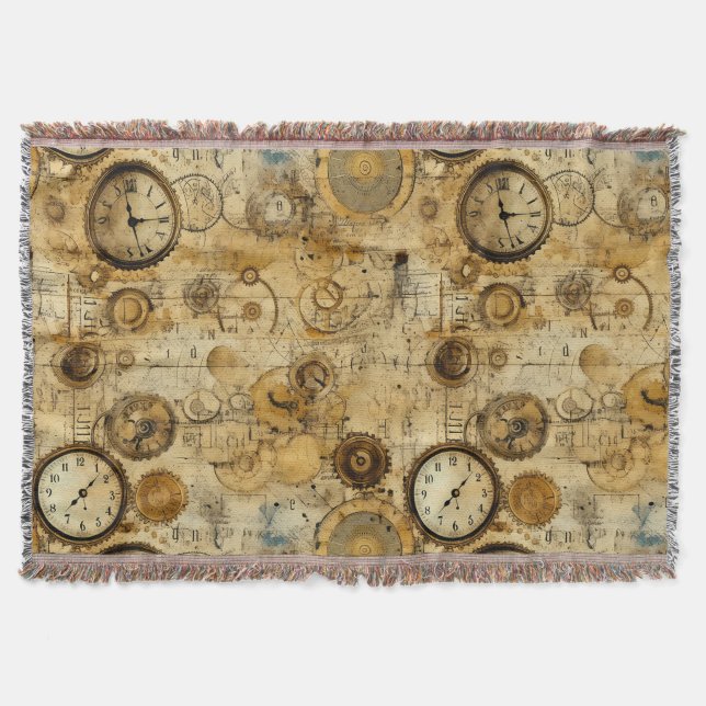 Industrial Steampunk Timepiece Sepia Brass Throw Blanket (Front)