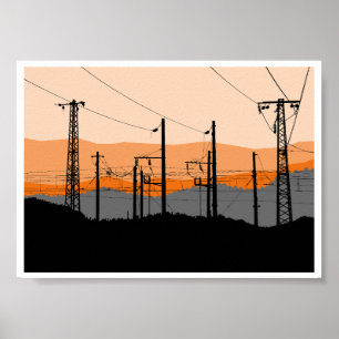  Industrial Sunset Silhouette Power Lines  Poster