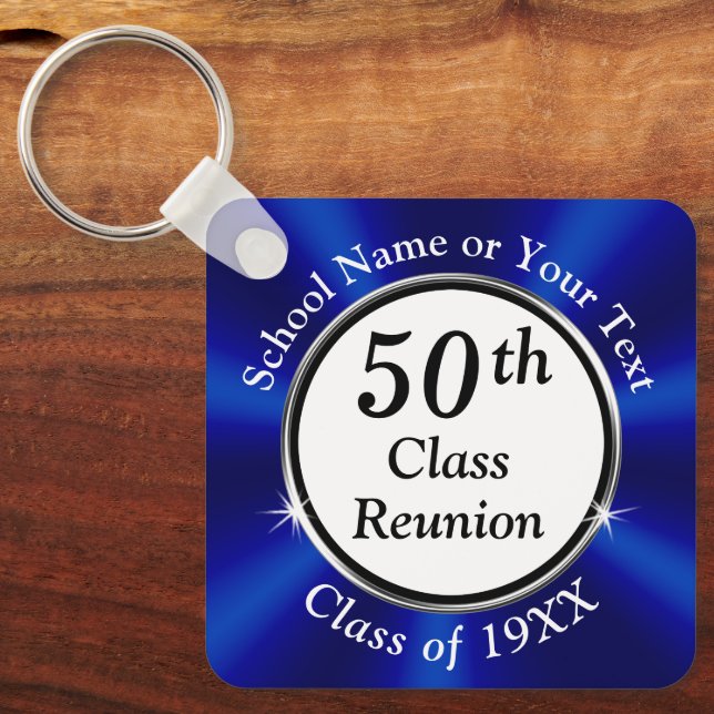 Inexpensive, 50 Year Class Reunion Souvenirs, Blue Key Ring (Front)
