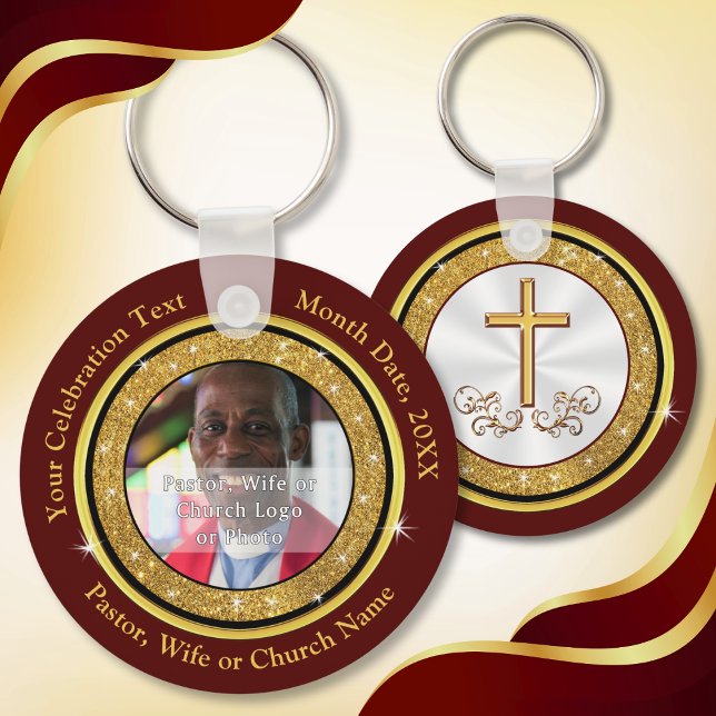 Inexpensive, Favours for Church Anniversary,  Key Ring (Inexpensive Church party favors. Personalized Photo Keychains. Small gifts for church members. Gold.)