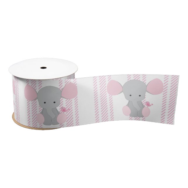 Infant Baby Girl Pink Elephant w/Stripes Satin Ribbon (Spool)
