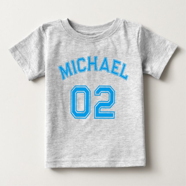 Infant Boy Blue Name Jersey Number Sports Cotton Baby T-Shirt (Front)