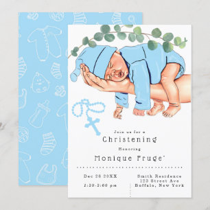 Infant Boy on Mummy Arms Rosary Blue Christening Invitation