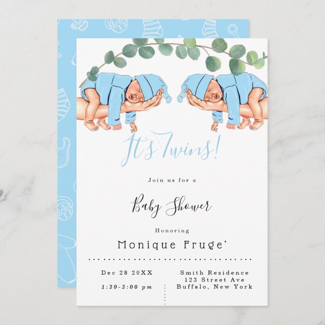 Infant Boy On Mummy’s Arm It’s Twins Baby Shower  Invitation (Front/Back)