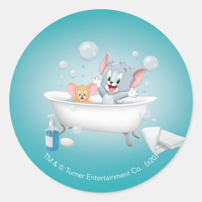 Infant Tom and Jerry Taking a Bath Classic Round Sticker (Front)