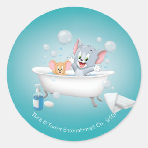 Infant Tom and Jerry Taking a Bath Classic Round Sticker