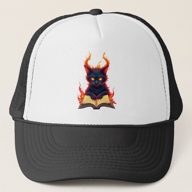 Infernal Cat Reading a Spellbook Trucker Hat (Front)