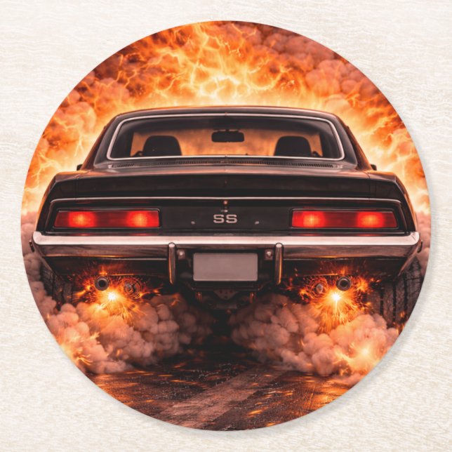 Inferno Burnout Muscle Car Round Paper Coaster (Front)