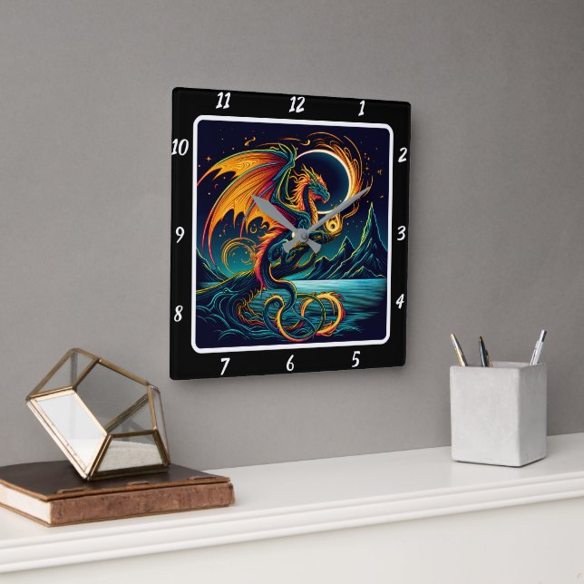 Inferno Neon Dragon Blaze Square Wall Clock (Office)