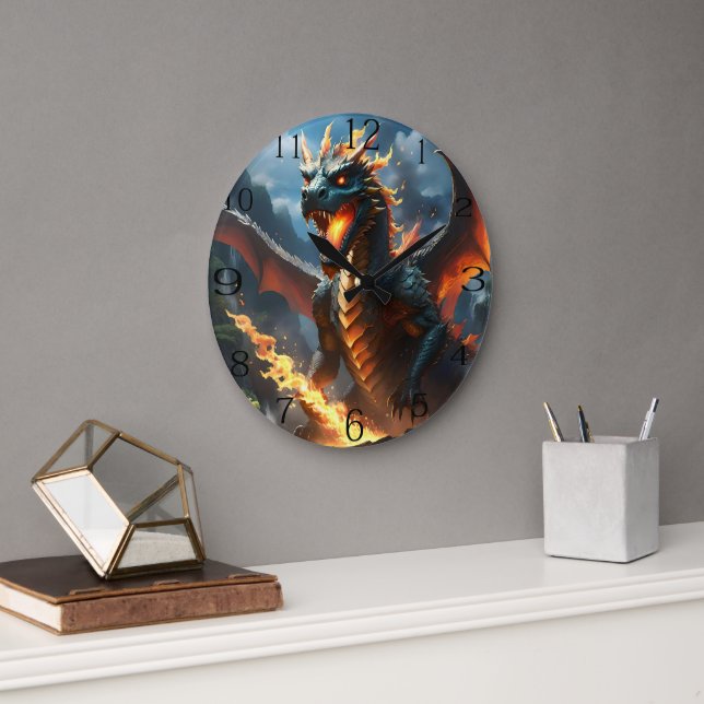 "Inferno's Breath: The Dragon's Flame" Large Clock (Office)