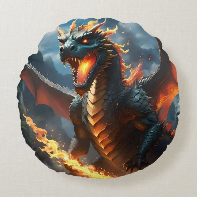 "Inferno's Breath: The Dragon's Flame" Round Cushion (Front)