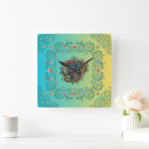 Infinite Splendour: Mehndi Green Floral Artistry Square Wall Clock