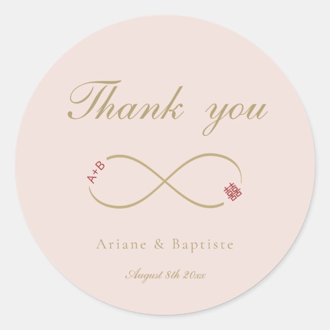 Infinity Love Double Happiness Blush Thank You  Classic Round Sticker (Front)