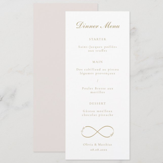 Infinity Love Monogram Gold White Wedding Dinner Menu (Front/Back)