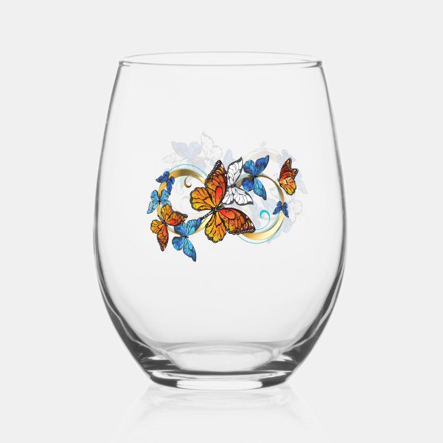 Infinity of Monarch Butterflies Stemless Wine Glass (Front)