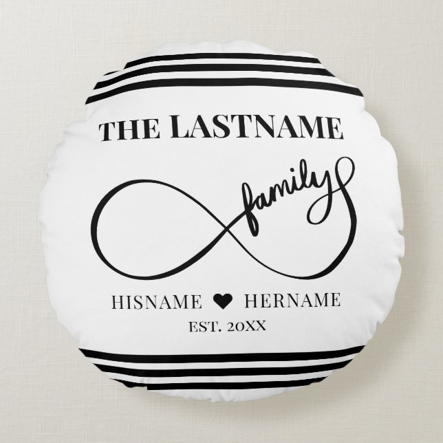 Infinity Personalised Family Name and Est. Date Round Cushion (Front)