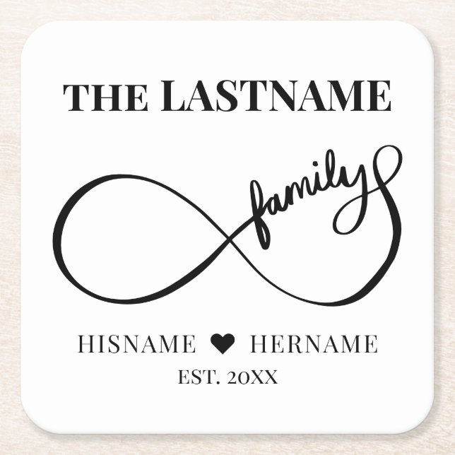 Infinity Personalised Family Name and Est. Date Square Paper Coaster (Front)
