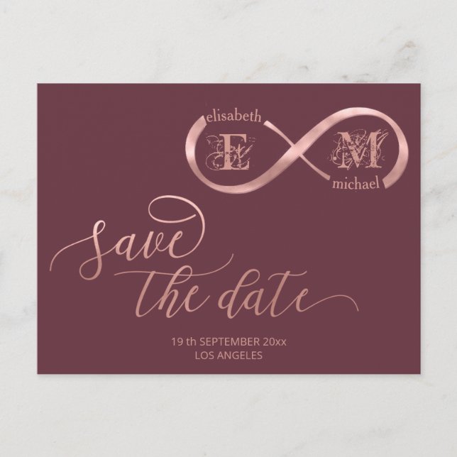 Infinity rose gold romantic monogram calligraphy a announcement postcard (Front)
