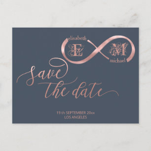Infinity rose gold romantic monogram calligraphy announcement postcard