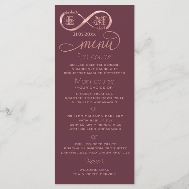 Infinity rose gold romantic monogram calligraphy menu (Front)