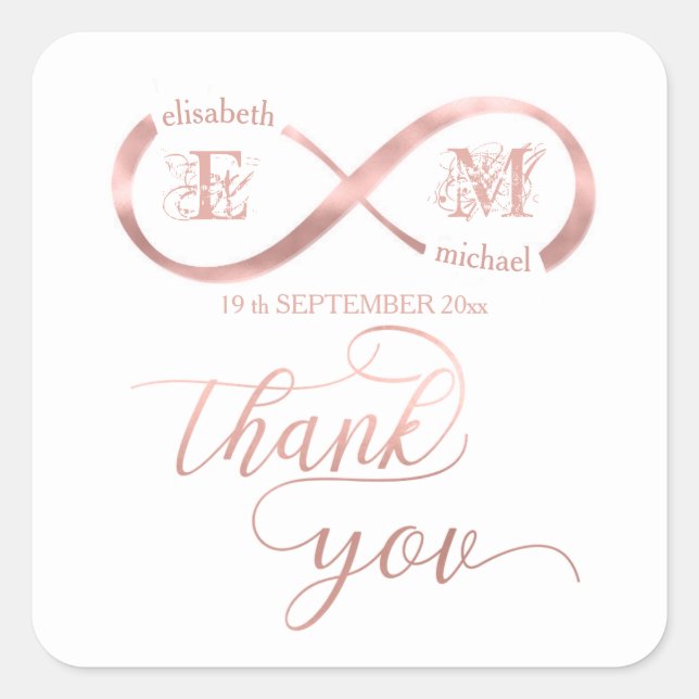 Infinity rose gold romantic monogram calligraphy square sticker (Front)