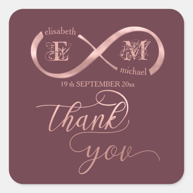 Infinity rose gold romantic monogram calligraphy square sticker (Front)