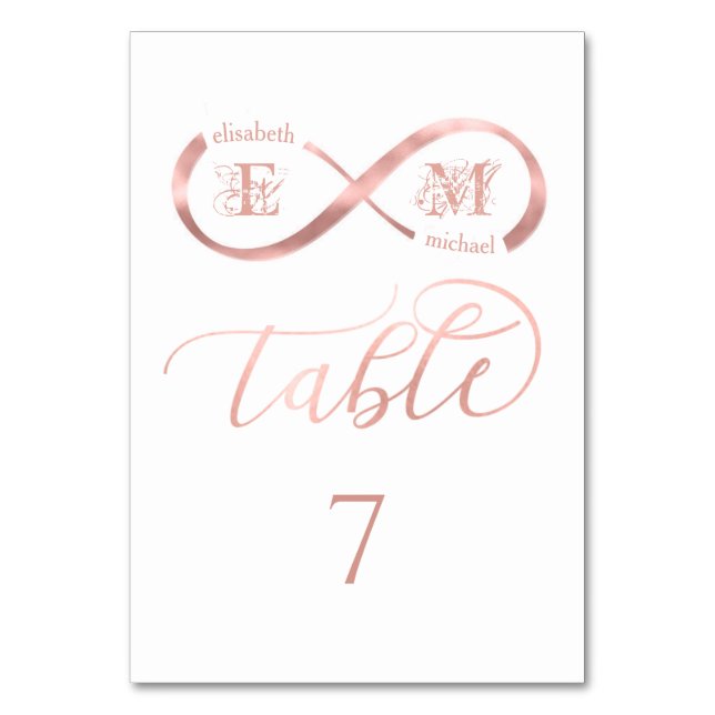 Infinity rose gold romantic monogram calligraphy table number (Front)