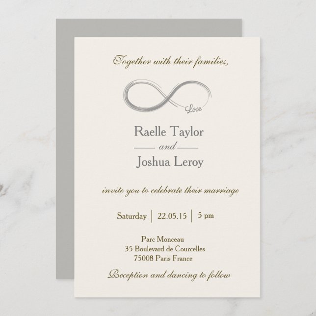 Infinity sign ivory white grey wedding invitation (Front/Back)
