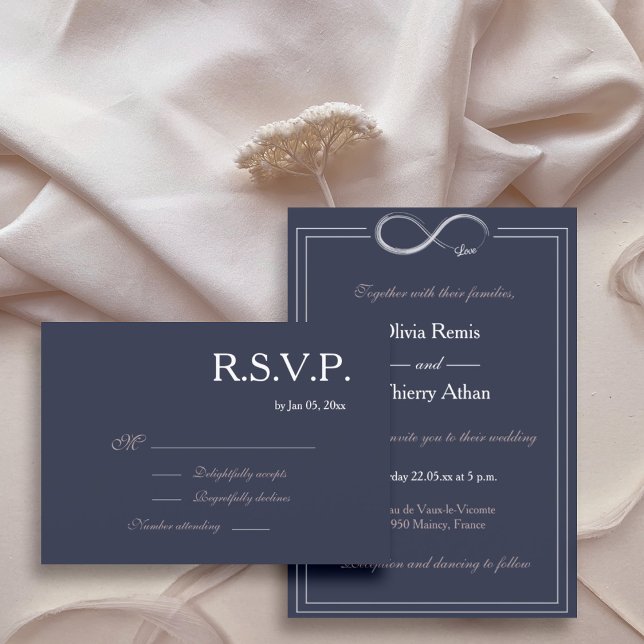 Infinity sign navy blue pink white wedding RSVP Invitation (Creator Uploaded)