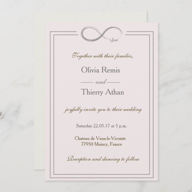 Infinity sign unique blush pink gold grey wedding invitation (Front/Back)