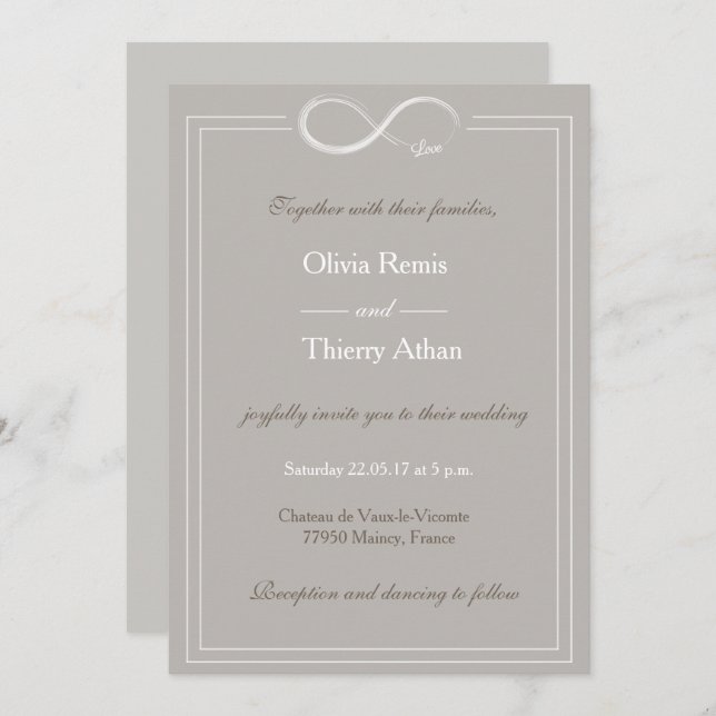 Infinity sign unique grey white taupe wedding invitation (Front/Back)