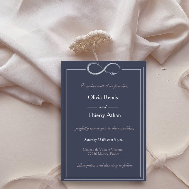 Infinity sign unique navy blue white blush wedding invitation (Creator Uploaded)