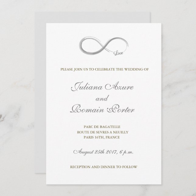 Infinity sign unique pure white gold grey wedding invitation (Front/Back)