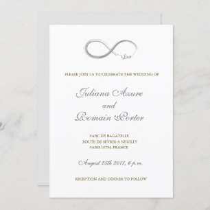 Infinity sign unique pure white gold grey wedding invitation