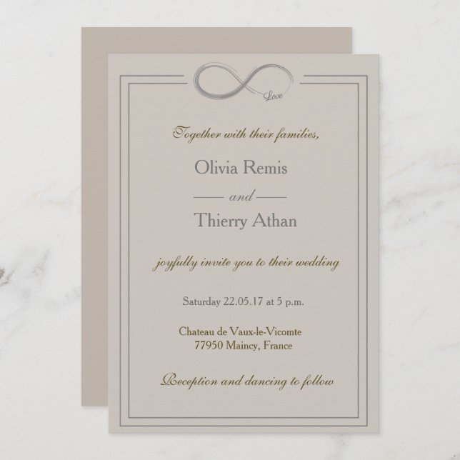 Infinity sign unique taupe gold grey wedding invitation (Front/Back)