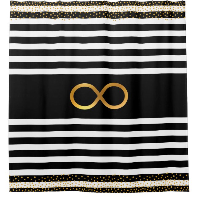 Infinity Symbol & Gold Confetti on Black & White Shower Curtain (Front)