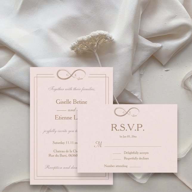 Infinity Symbol Monogram Blush Pink Wedding RSVP Invitation (Creator Uploaded)
