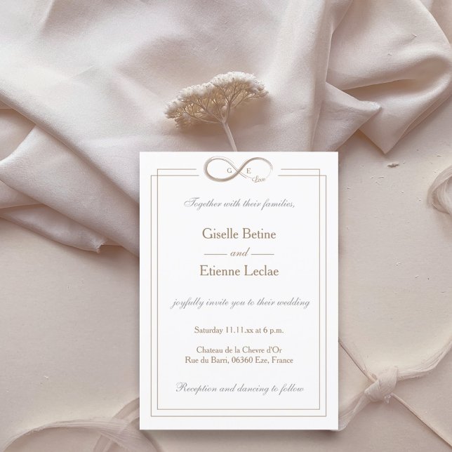 Infinity Symbol Monogram White Grey Gold Wedding Invitation (Creator Uploaded)