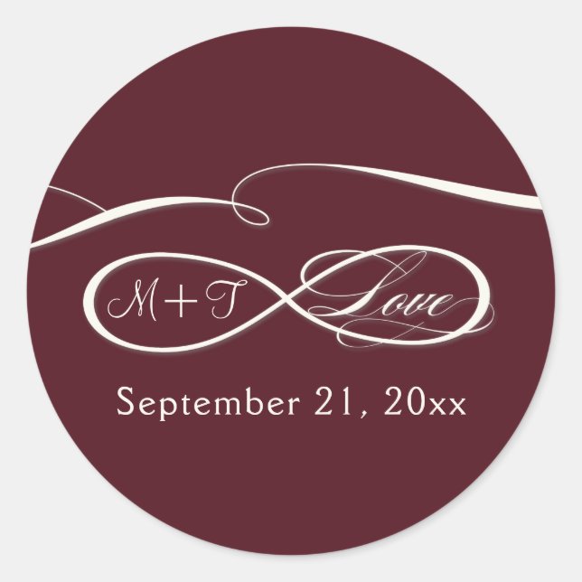 Infinity Symbol Sign Script Love Burgundy Wedding Classic Round Sticker (Front)